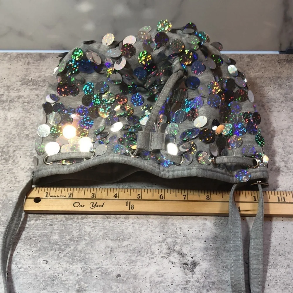 Justice Girls Heather Gray w Silver Sequin Hobo Bag Purse Lined Adjustable Strap